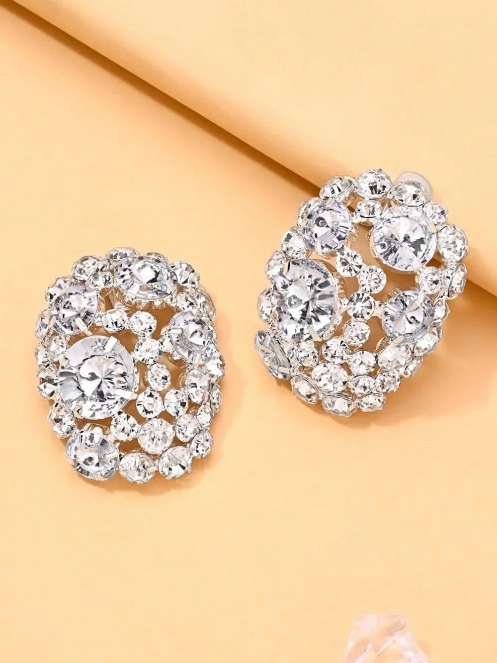 Silver Elegant Women's Oversized Clip-On Rhinestone Earrings